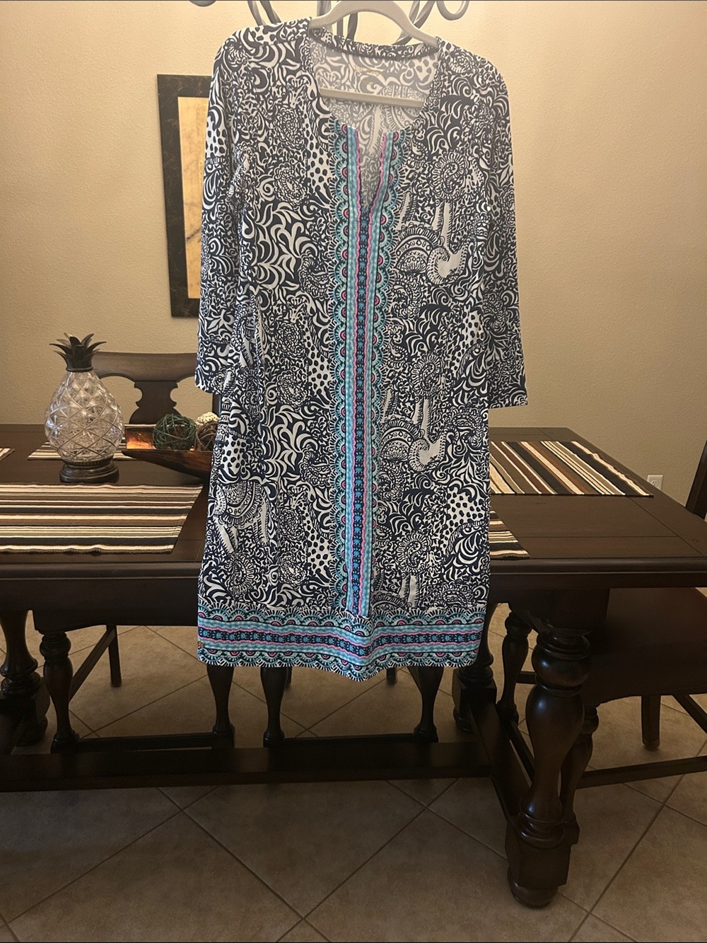 Lilly Pulitzer Navy & White Printed Midi Dress with Teal and Pink Trim